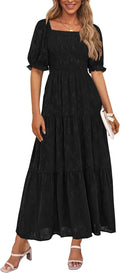 Women's Summer Midi Dress Square Neck Smocked A-Line - Floral