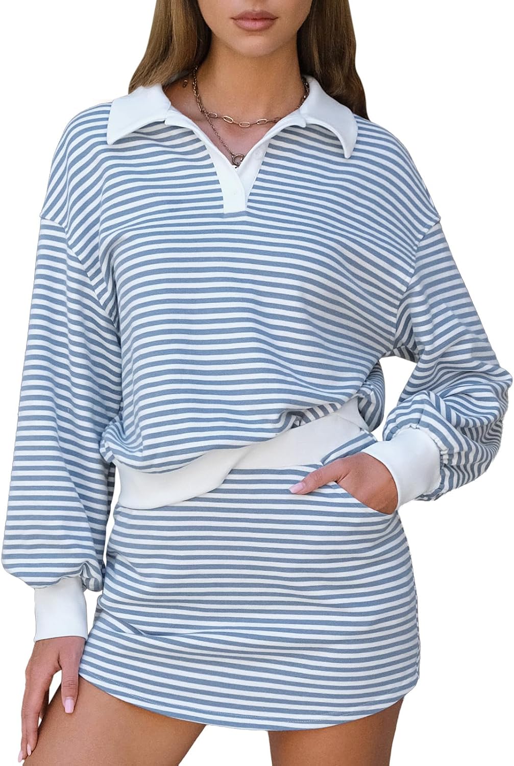 EXLURA Women Fall Two Piece Sets Cotton Striped Set for Style