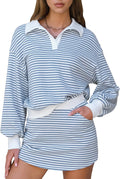 EXLURA Women Fall Two Piece Cotton Striped Sweatshirt Skort Set