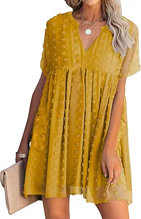 MIHOLL Women's V Neck Short Sleeve Ruffle Mini Dress for Summer