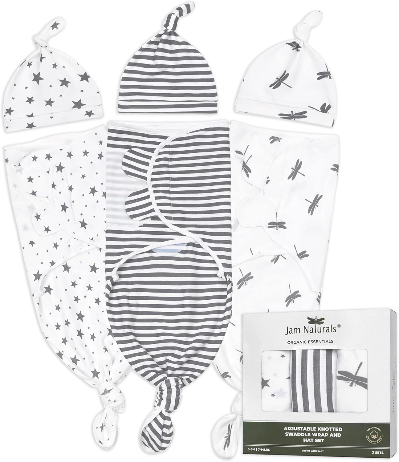 Organic Knotted Tie Bottom Adjustable Velcro Swaddle Set of 3