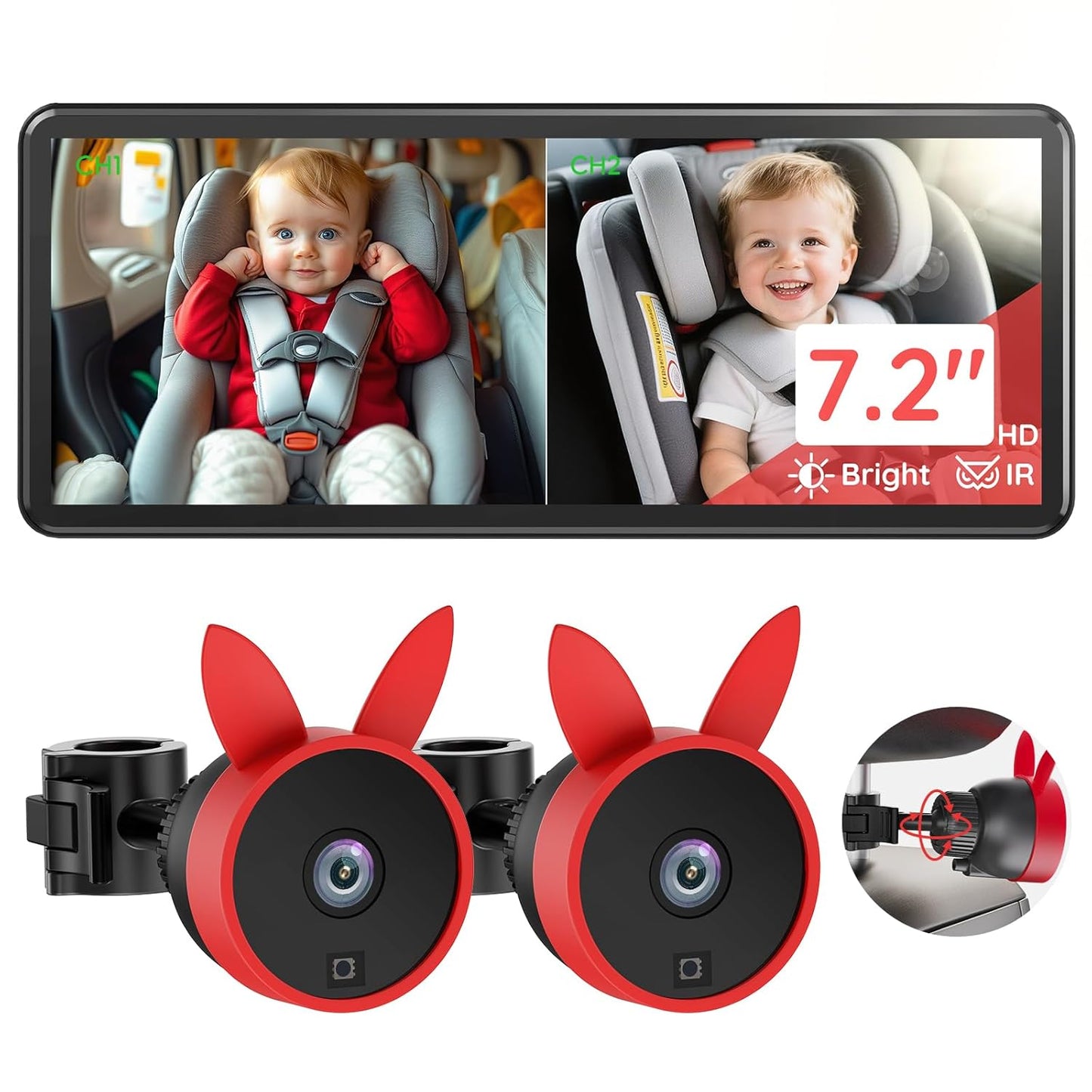 BV3 PRO Baby Car Camera for 2 Kids - 7.2in HD Display Monitor