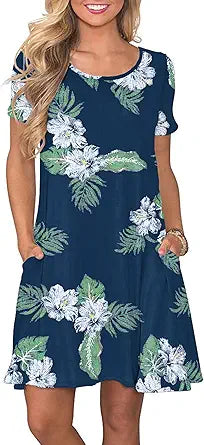 WNEEDU Women's Summer Casual T Shirt Dress with Pockets
