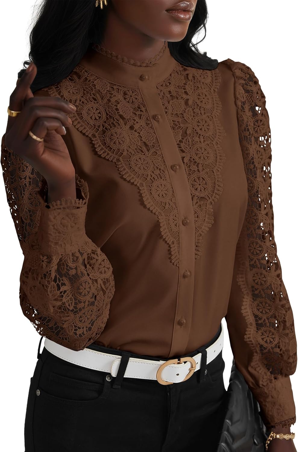 Elegant Women's Lace Crochet Mock Neck Long Sleeve Blouse Top
