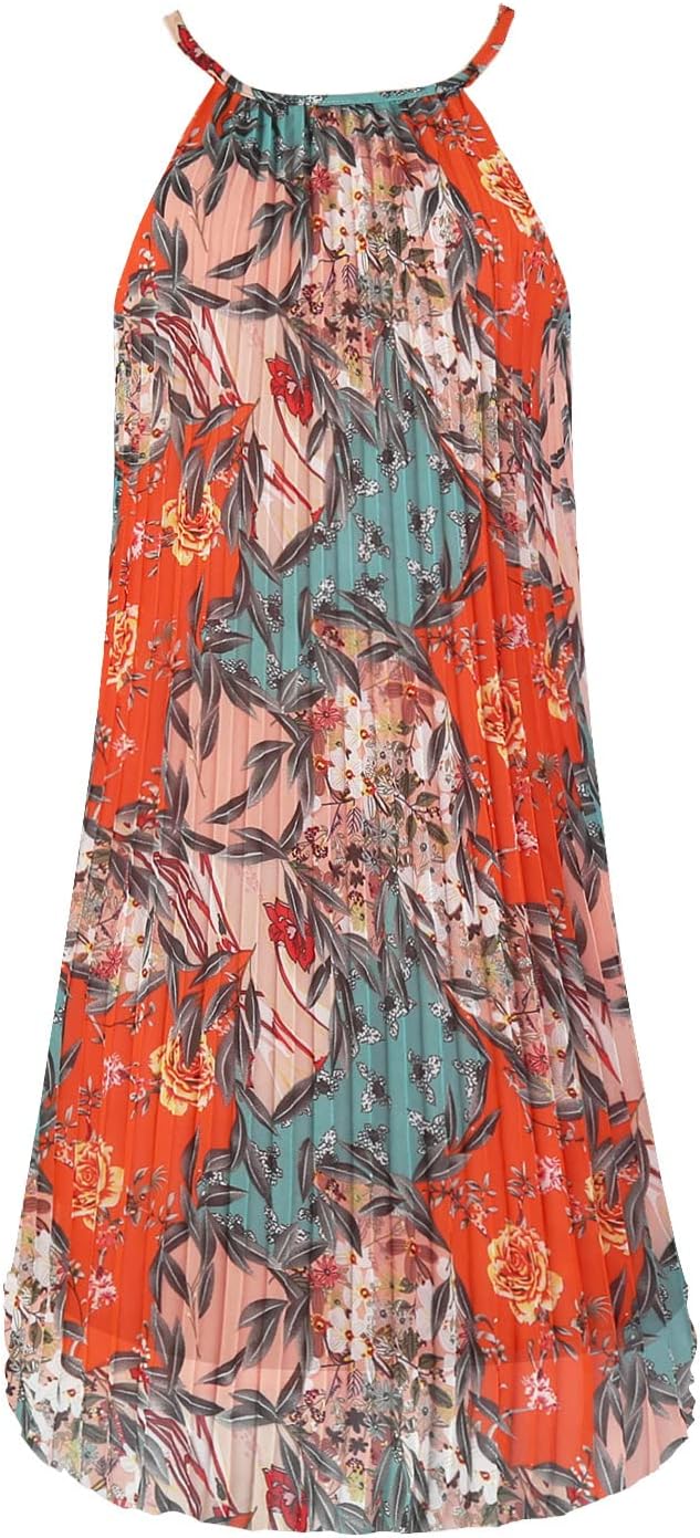 Ellames Women's Summer Spaghetti Strap Pleated Swing Dress