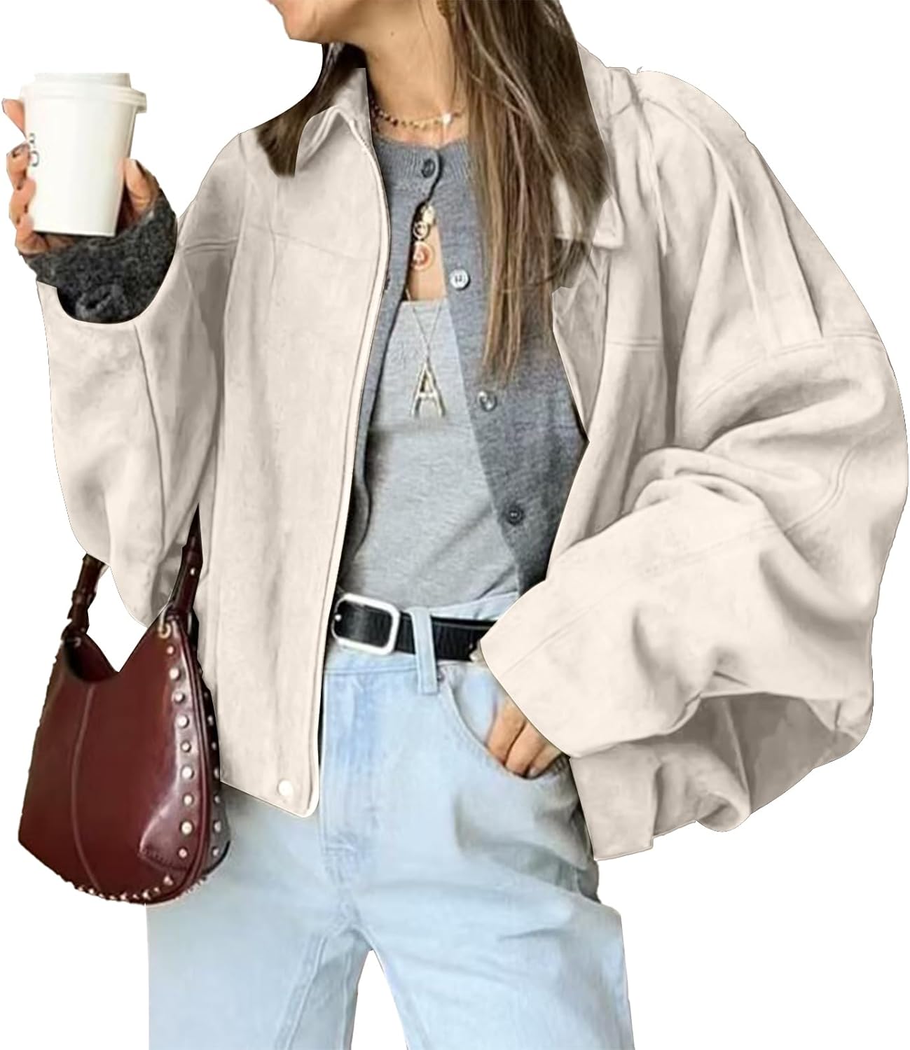 Faux Suede Bomber Jacket for Women - Trendy Y2K Outerwear