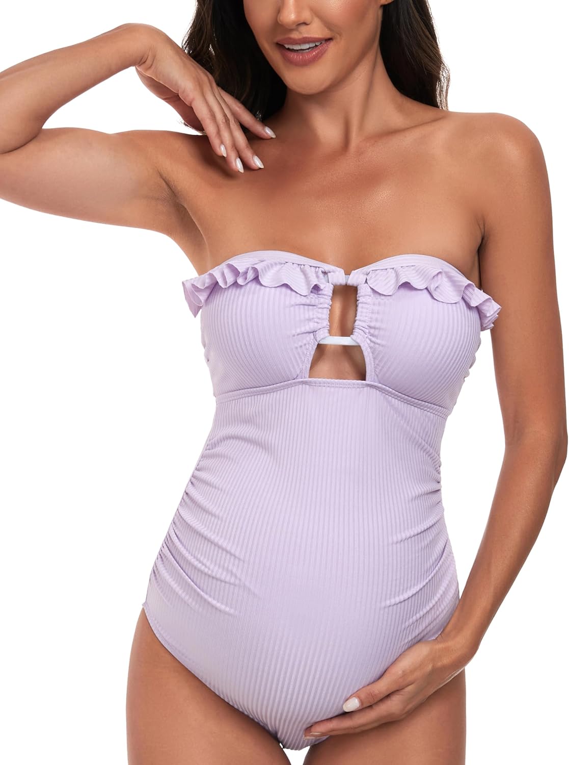 Maternity Ruffle Ribbed Cutout One Piece Swimwear for Comfort