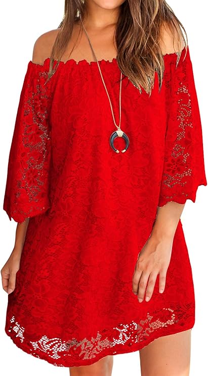 MIHOLL Women's Off Shoulder Lace Shift Loose Mini Dress Review