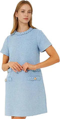 Womens Tweed Jackie Dress Elegant Crew Neck Short Sleeve Button