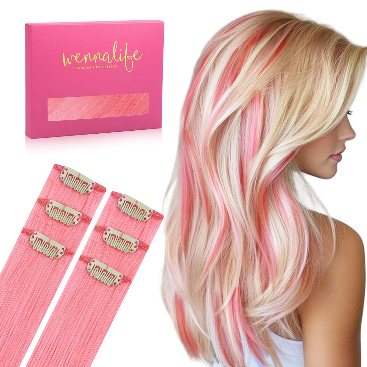 WENNALIFE Peach Pink Clip in Hair Extensions for Colorful Style