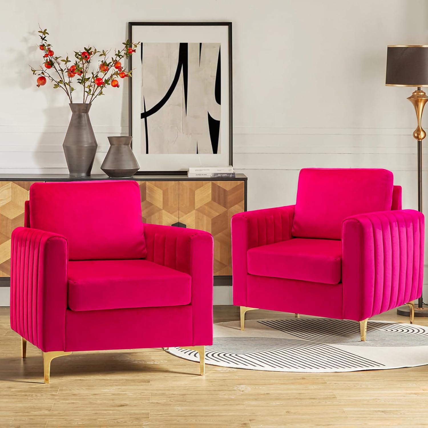 Set of 2 Fuchsia Velvet Club Chairs - Mid-Century Modern Luxury