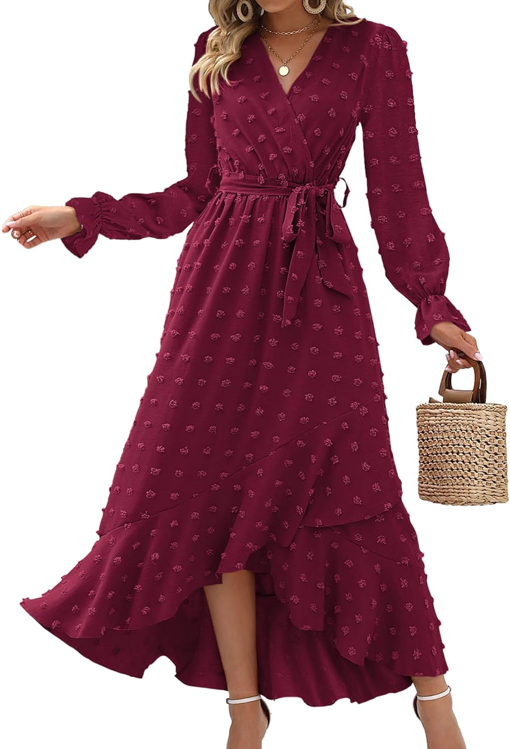BTFBM Long Sleeve Maxi Dresses for Women with V Neck Design