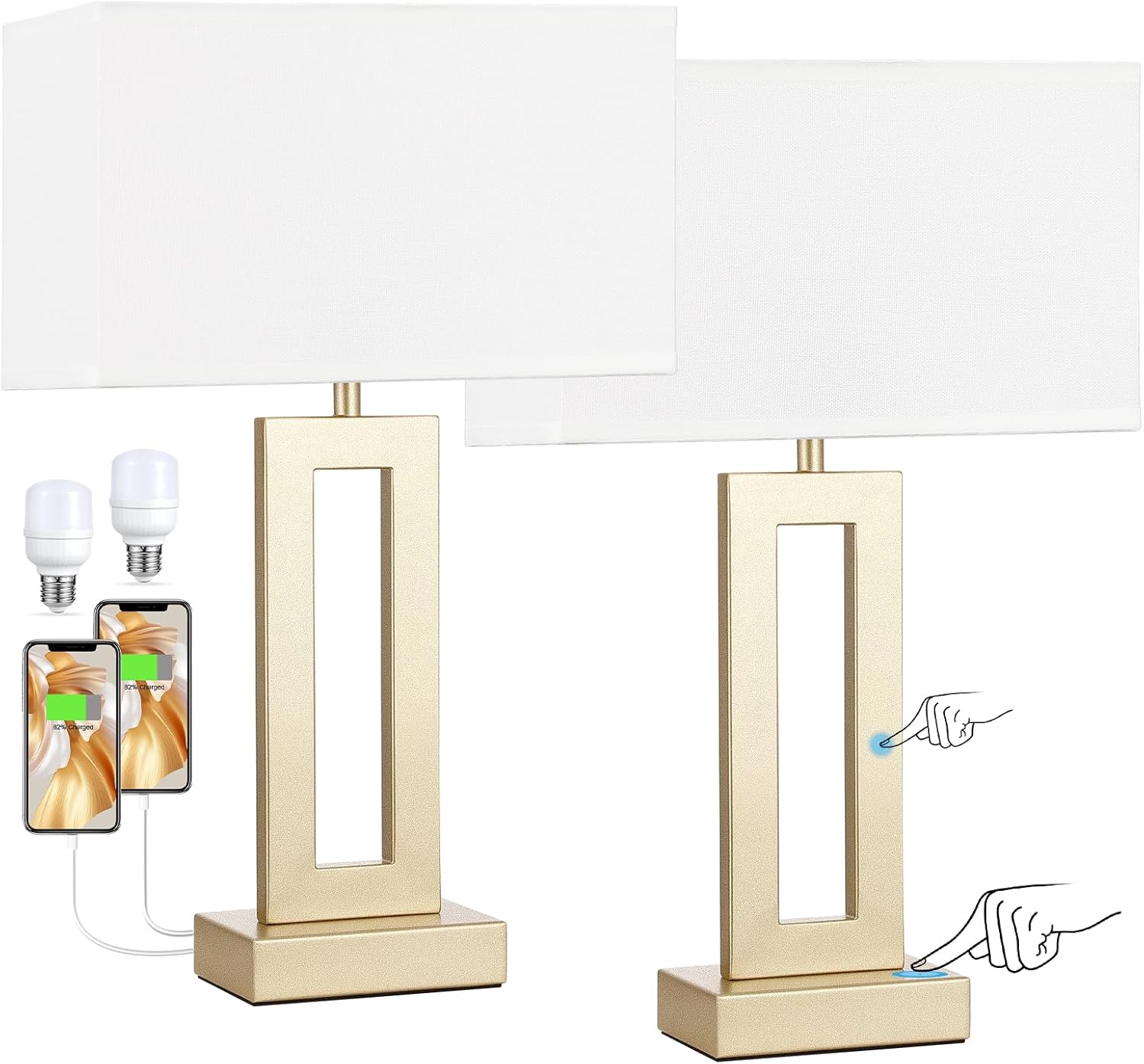 Touch Control Nightstand Table Lamps Set of 2 with USB Ports
