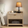 Rattan Nightstand End Table with Type-C Charging Station - Light Oak