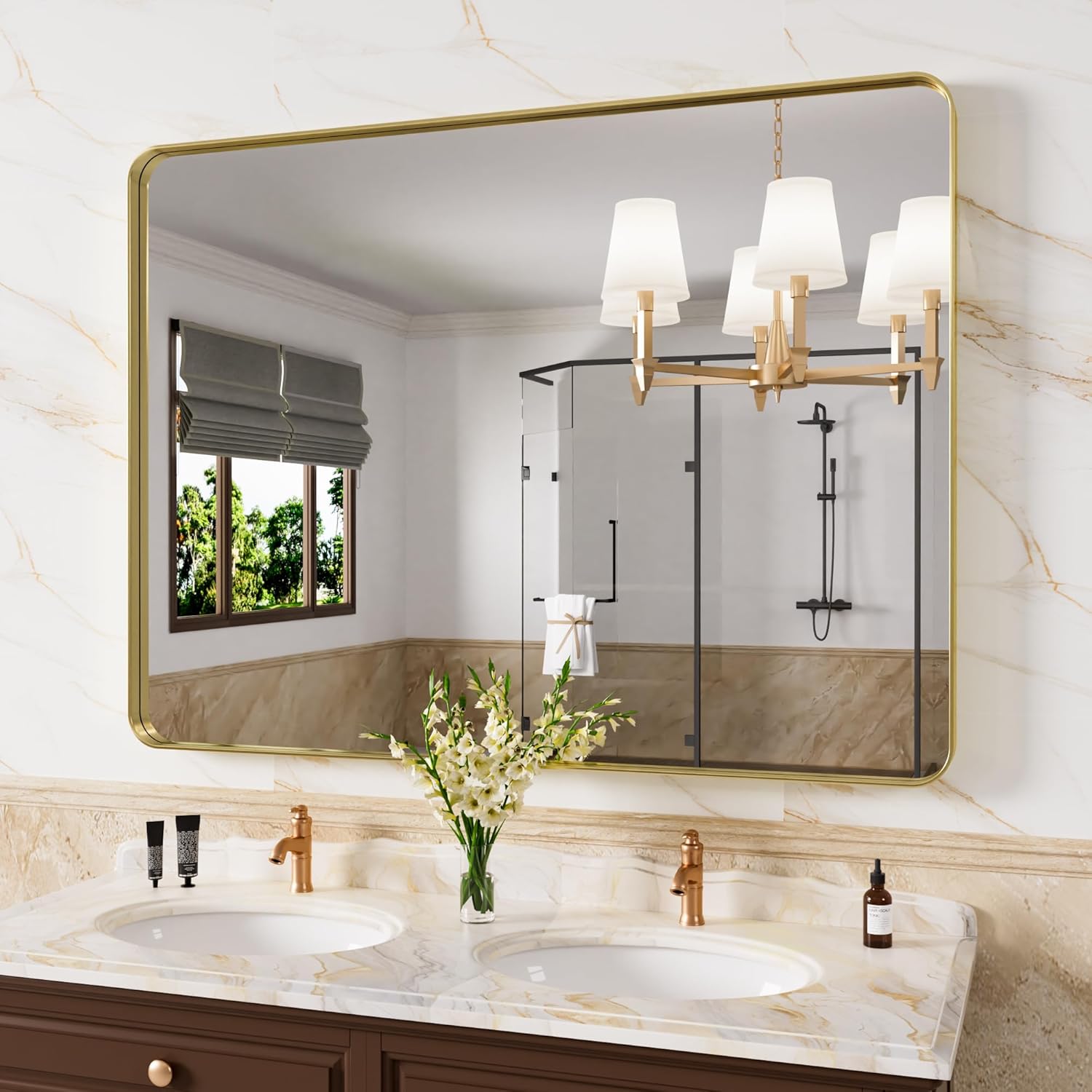 Gold Bathroom Mirror with Brushed Metal Frame for Elegance