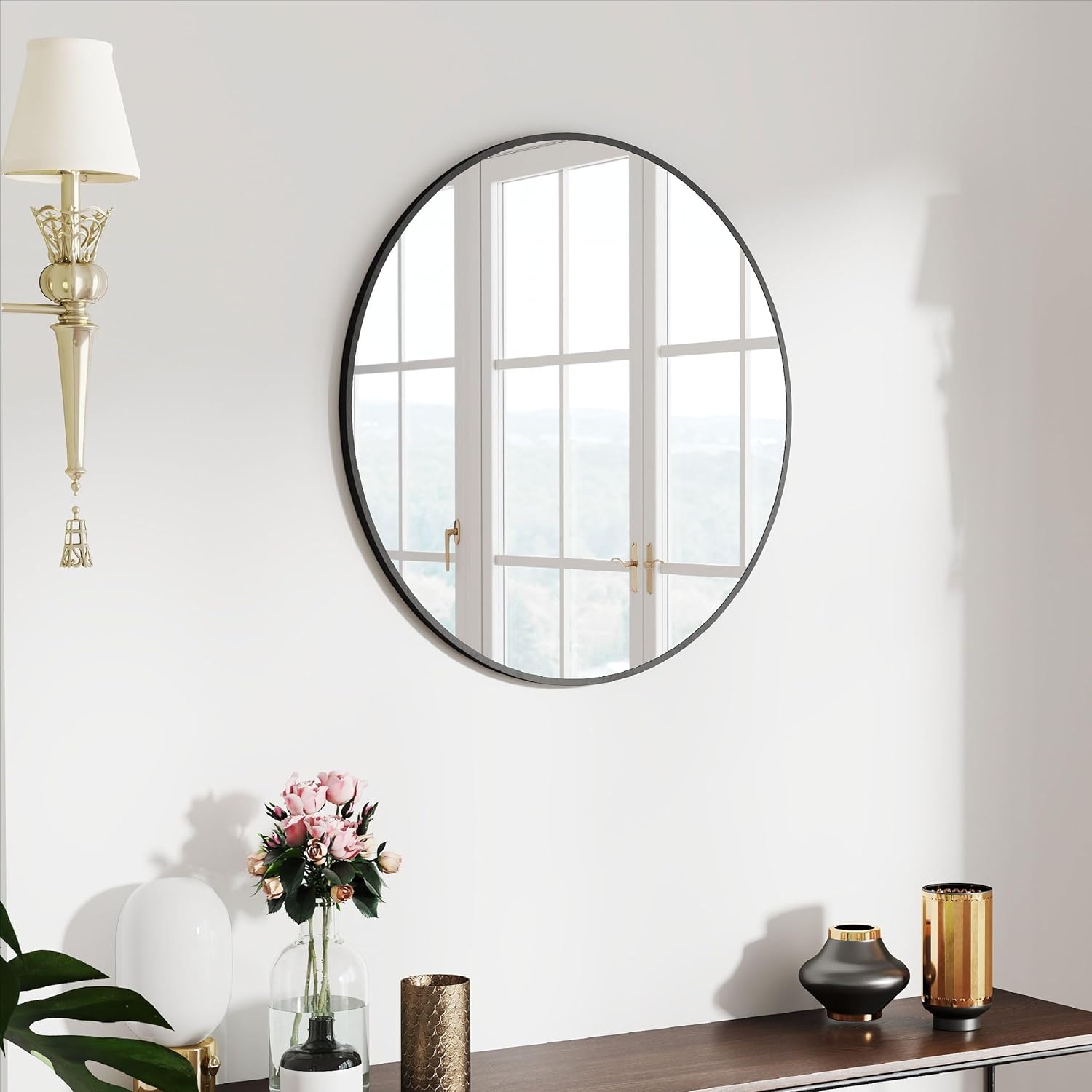 24 Round Mirror with Aluminum Alloy Frame for Modern Decor