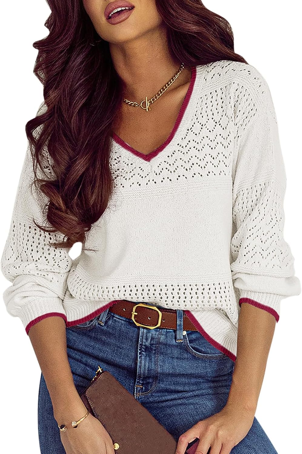 SHEWIN Women's Lightweight Crochet Pullover Sweater for Casual Wear