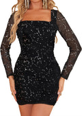 Women Mesh Sparkly Bodycon Dress with Square Neck - Party Ready