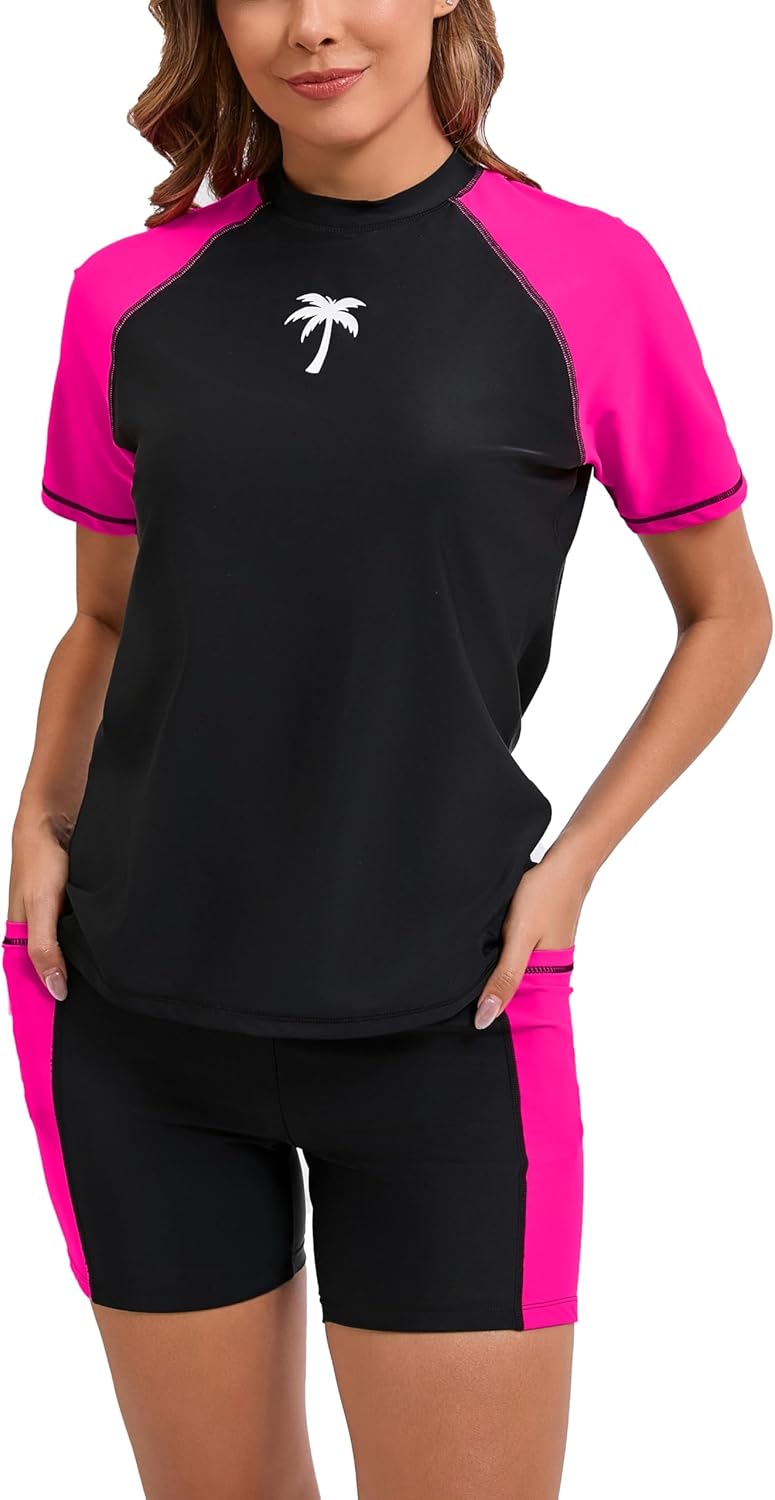 Halcurt Women's Two Piece Rash Guard Swim Set with Boyshorts