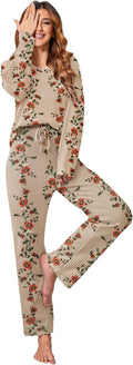 Ekouaer Women's Waffle Knit Pajama Set - Cozy Long Sleeve Lounge Set