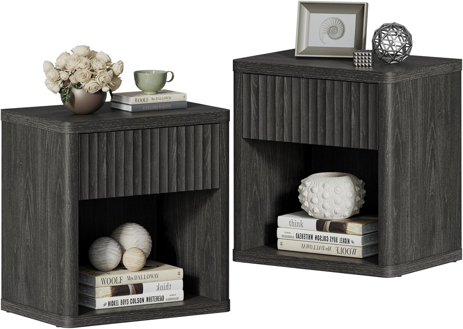 SICOTAS Night Stand Set of 2 Modern Bedside Tables in Dark Grey