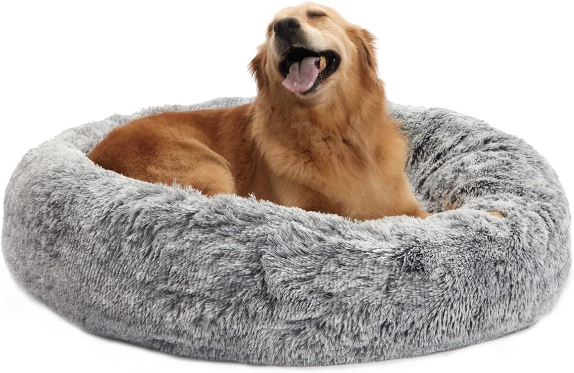 Calming Donut Dog Bed for Large Dogs, 36 Inches Round Fluffy