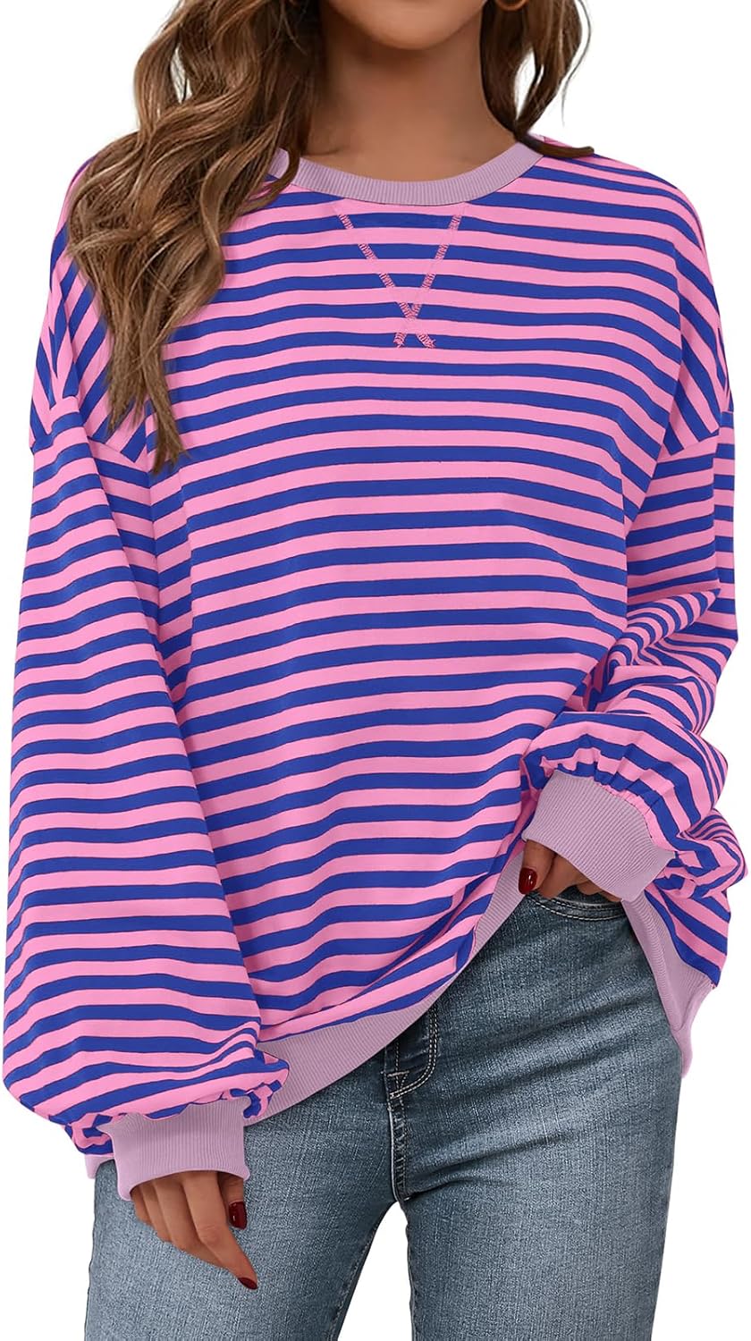 PRETTYGARDEN Womens Striped Oversized Sweatshirt for Casual Style