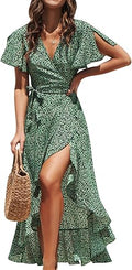 BerryGo Boho V Neck Ruffle Floral Wrap Maxi Dress - Lightweight