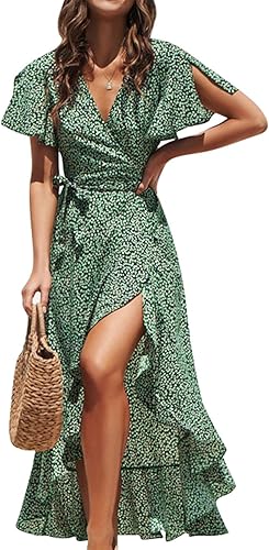 BerryGo Women's Boho V Neck Ruffle Floral Wrap Maxi Dress Review