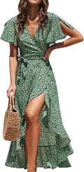 BerryGo Boho V Neck Ruffle Floral Wrap Maxi Dress - Flattering Summer