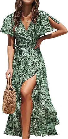 BerryGo Women's Boho V Neck Ruffle Floral Wrap Maxi Dress Review