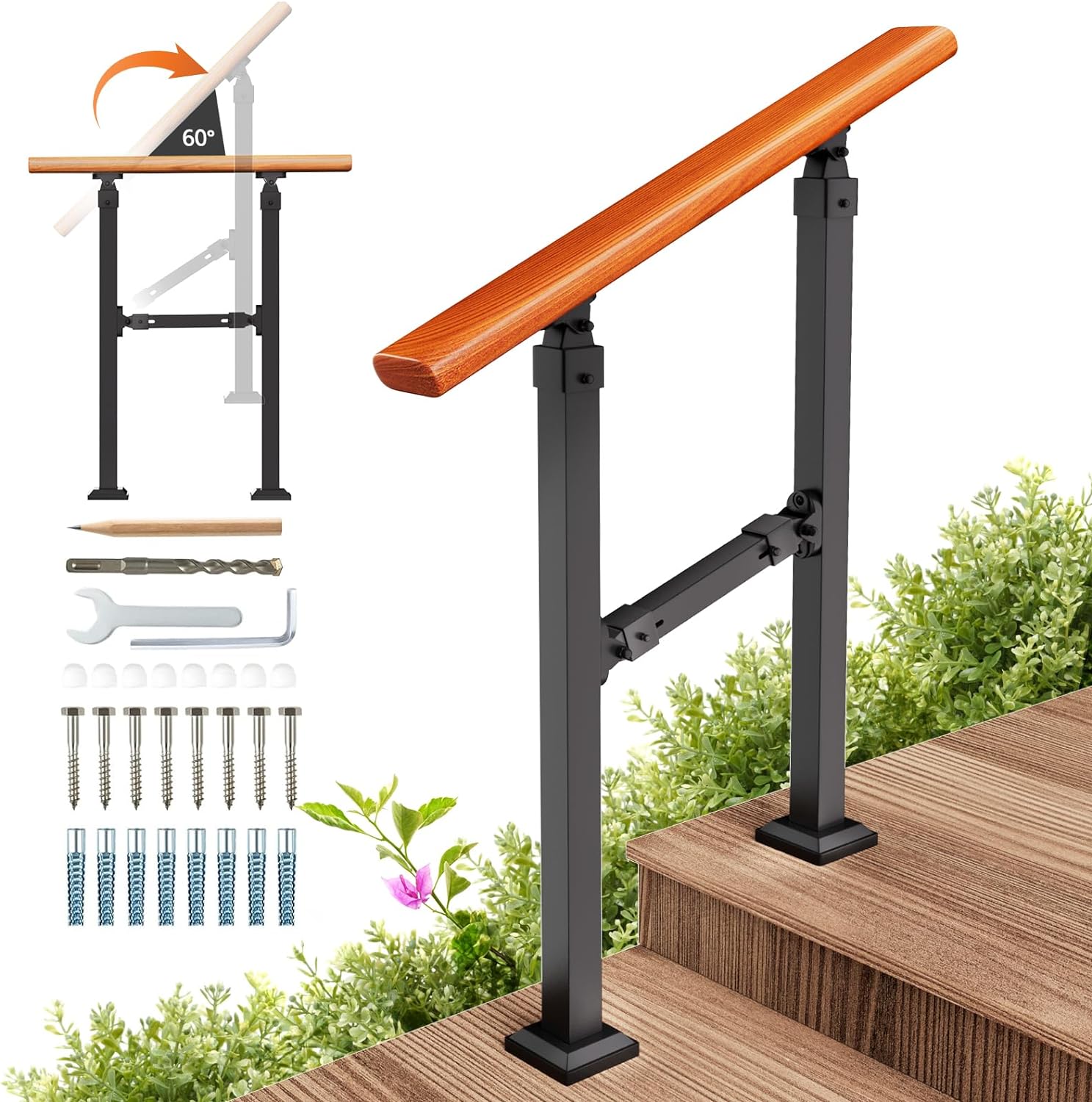 Outdoor Stair Handrail Kit for 1-2 Steps - Modern Iron Design