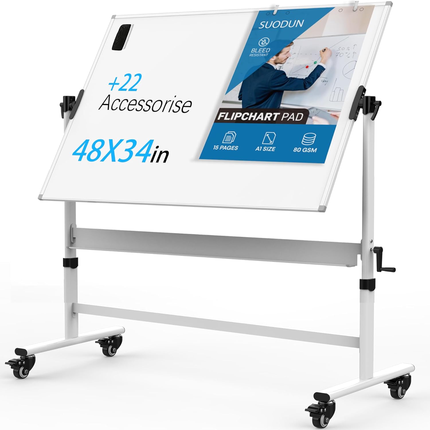 SUODUN Portable Double Sided Whiteboard - Mobile & Crankable!