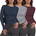 MLYENX Womens Long Sleeve Crew Neck Shirt 3-Pack - Stretchy Fitted Y2K