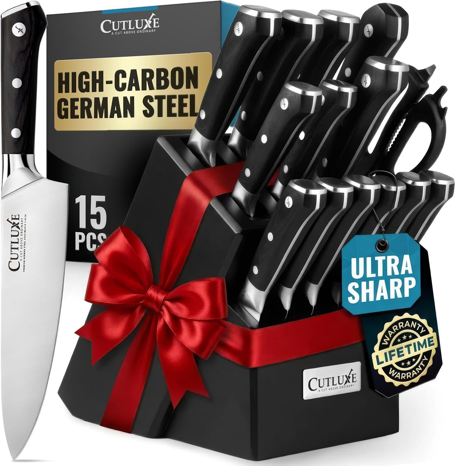 Cutluxe 15-Piece Knife Set for Kitchen with Premium Block