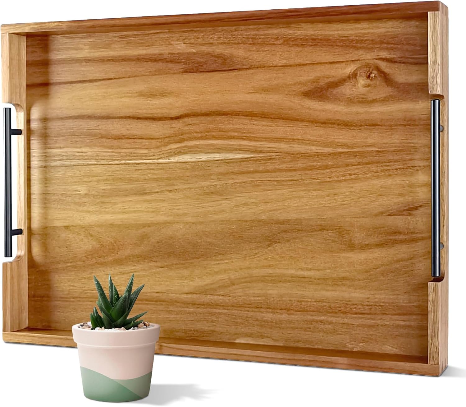 22 Inch Acacia Wood Serving Tray with Metal Handles for Home