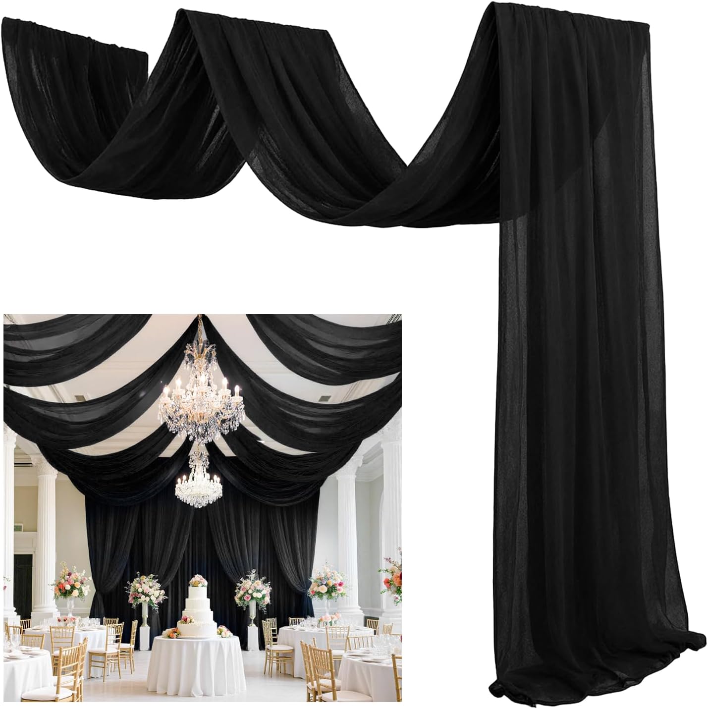 Elegant Black Ceiling Drapes for Weddings - 5FTx30FT Panels