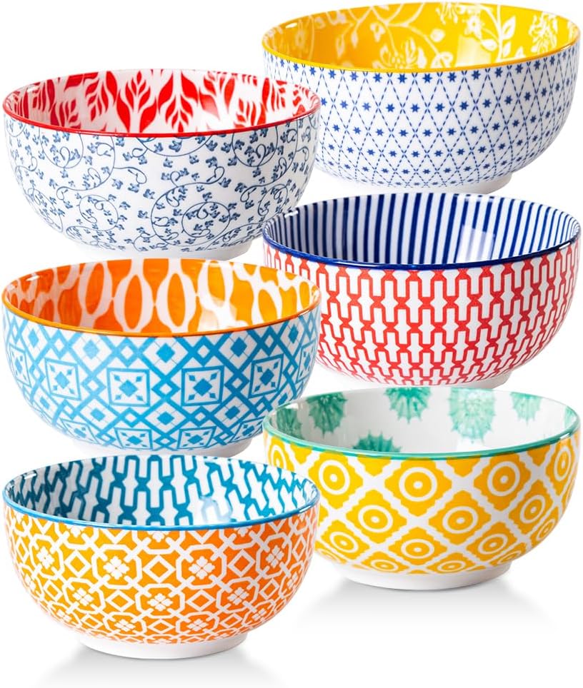 Set of 6 Assorted Color Ceramic Dessert Bowls - Microwave & Dishwasher Safe