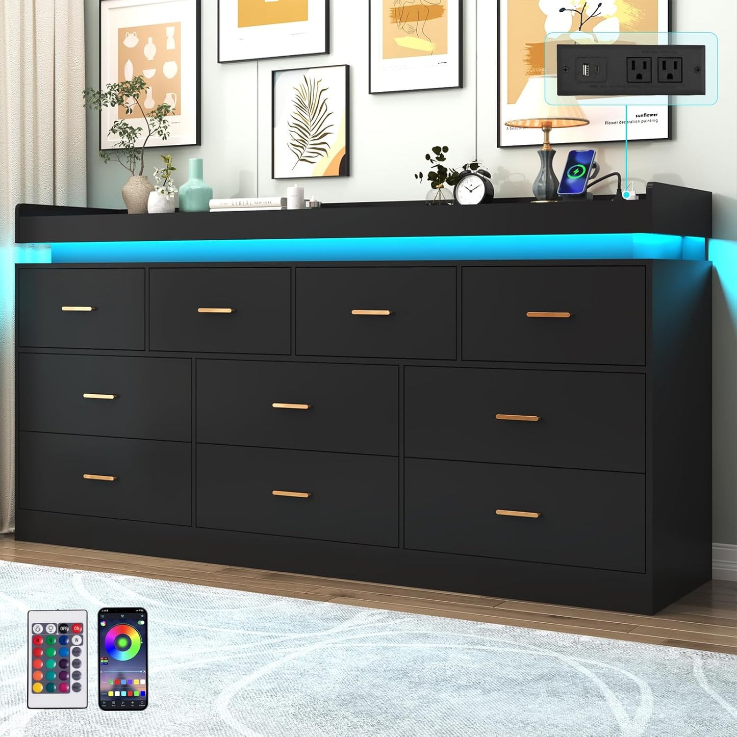 Modern 10 Drawer Dresser with LED Light and Charging Station