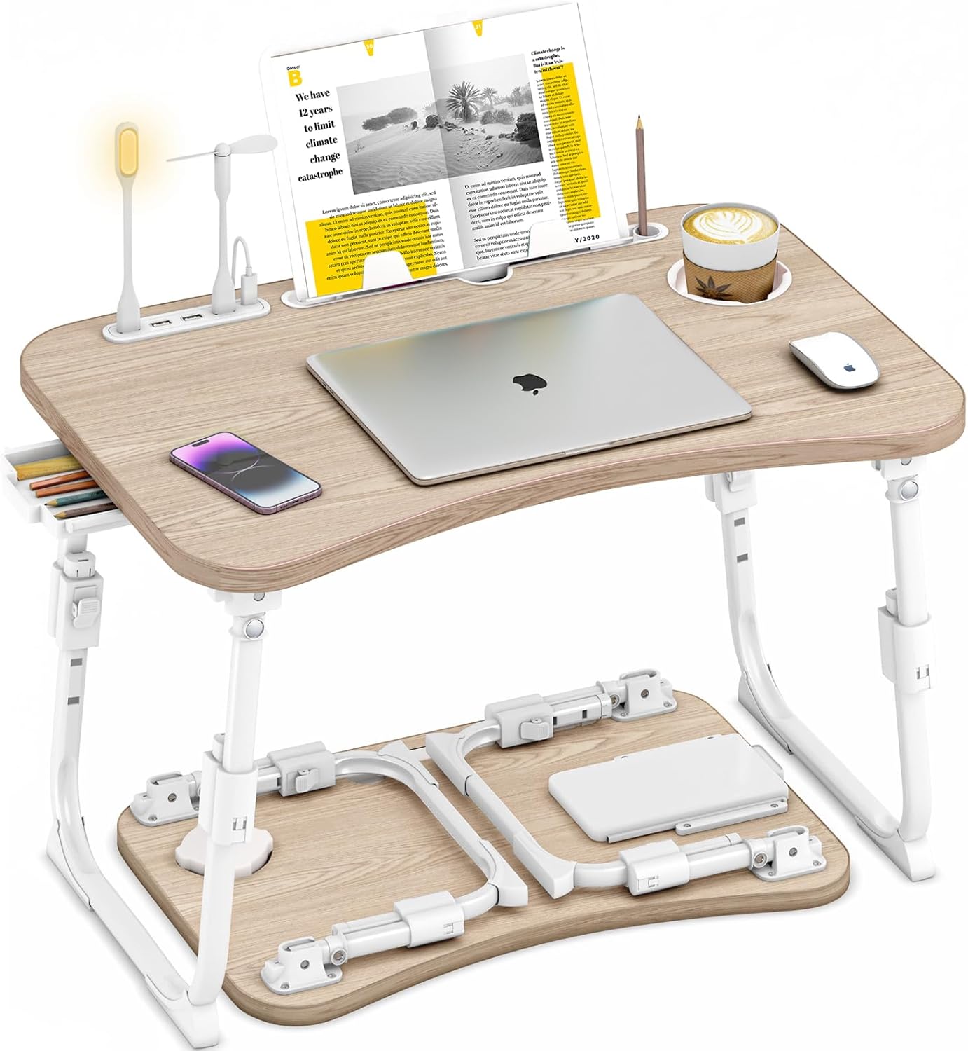 Adjustable Height Lap Desk for Bed with Storage & Cup Holder