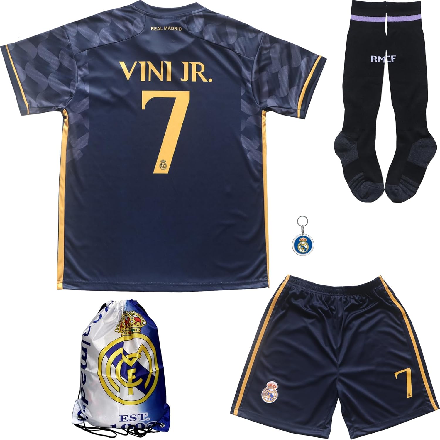 Vini Jr. No #7 Madrid Away Kids Soccer Jersey Kit Set for Youth