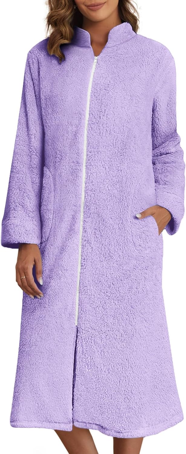 Ekouaer Women's Zip Up Robe Fleece Bathrobe for Cozy Comfort
