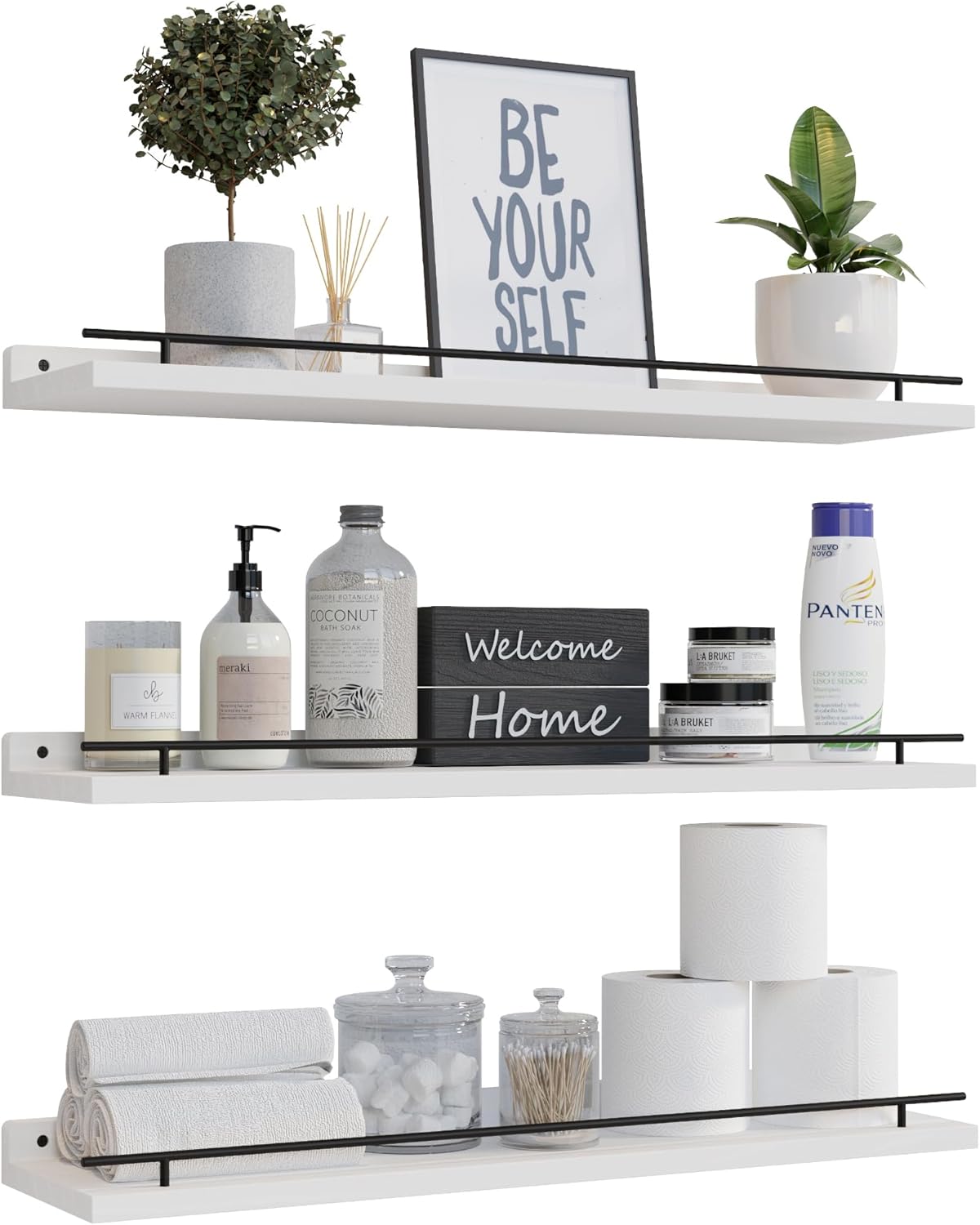 WOPITUES Floating Shelves 24 inch with Gold Metal Guardrail