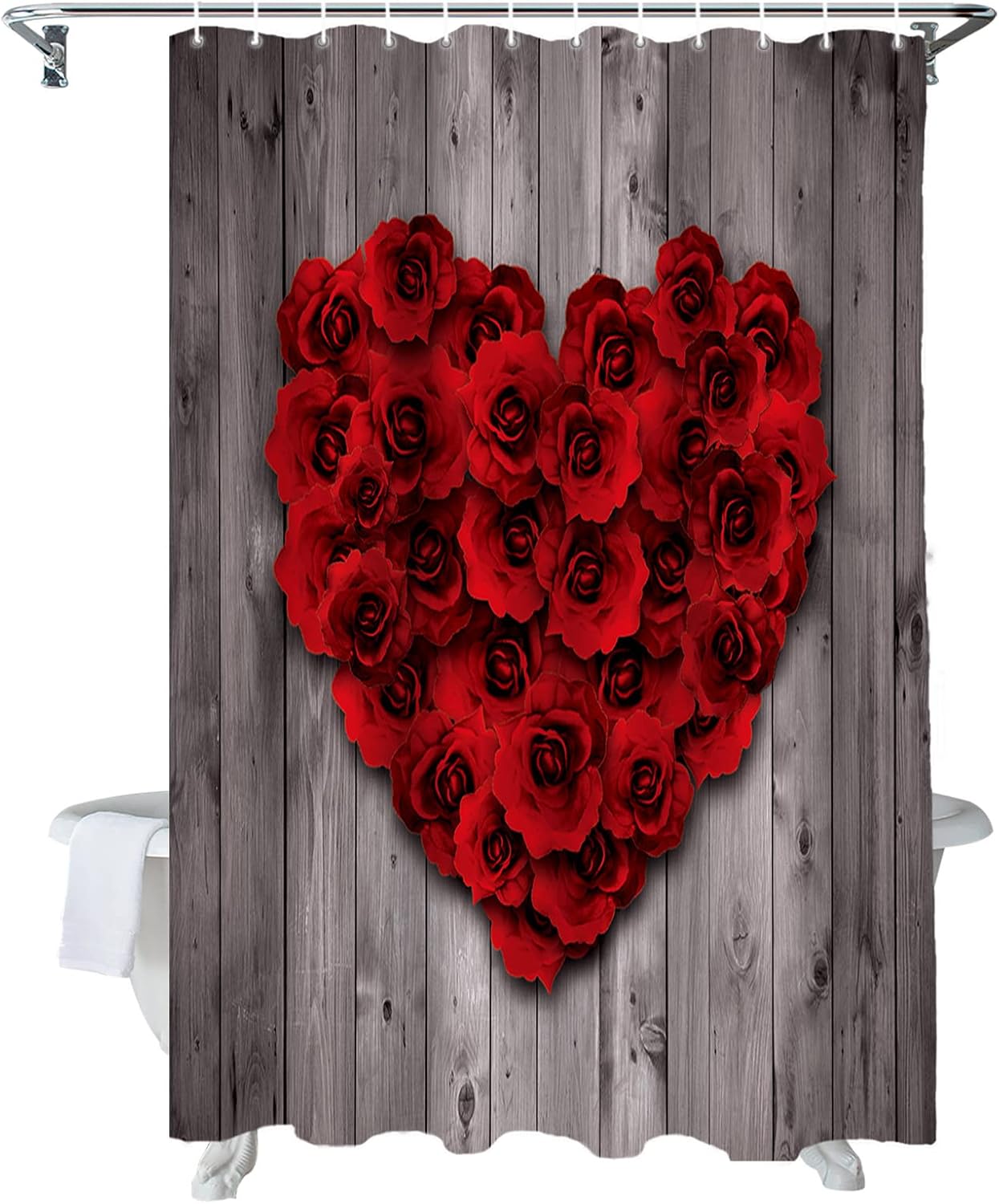 Romantic Valentine's Day Rose Heart Shower Curtain Set - Waterproof 60x72 ALAGEO