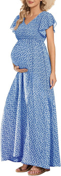 Floral Print V Neck Maternity Dress Boho - Flowy Smocked Maxi Dresses