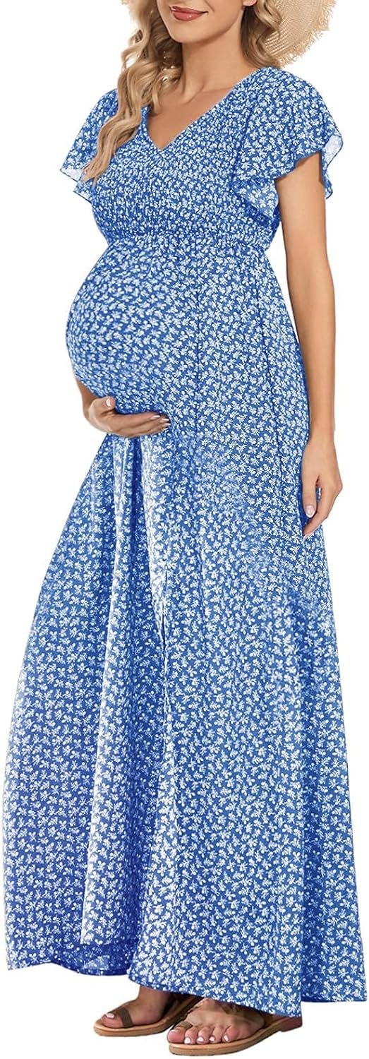 Floral Print V Neck Maternity Dress for Baby Showers & Photoshoots