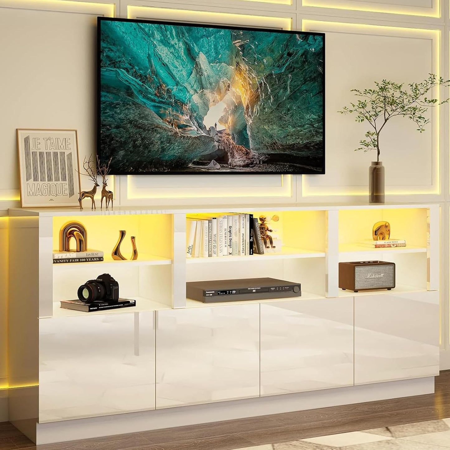 Modern White TV Stand with RGB Lights for 85 TVs