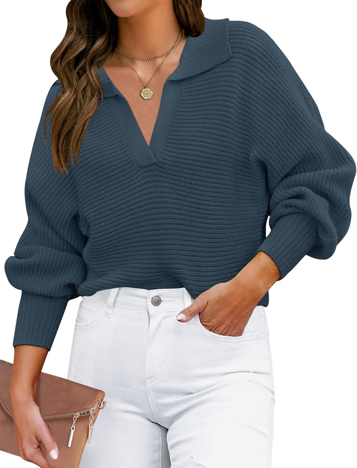 ZESICA Women's Fall V Neck Long Sleeve Ribbed Knit Sweater