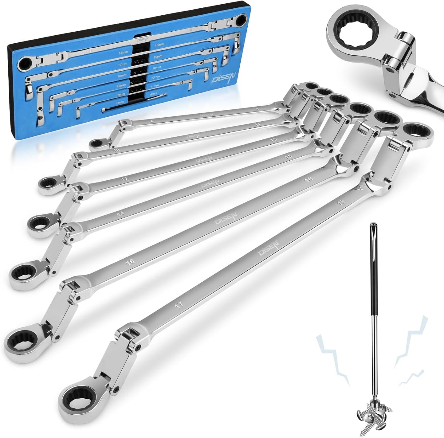 DISEN Double Jointed Extra Long Flex Head Ratchet Wrench Set