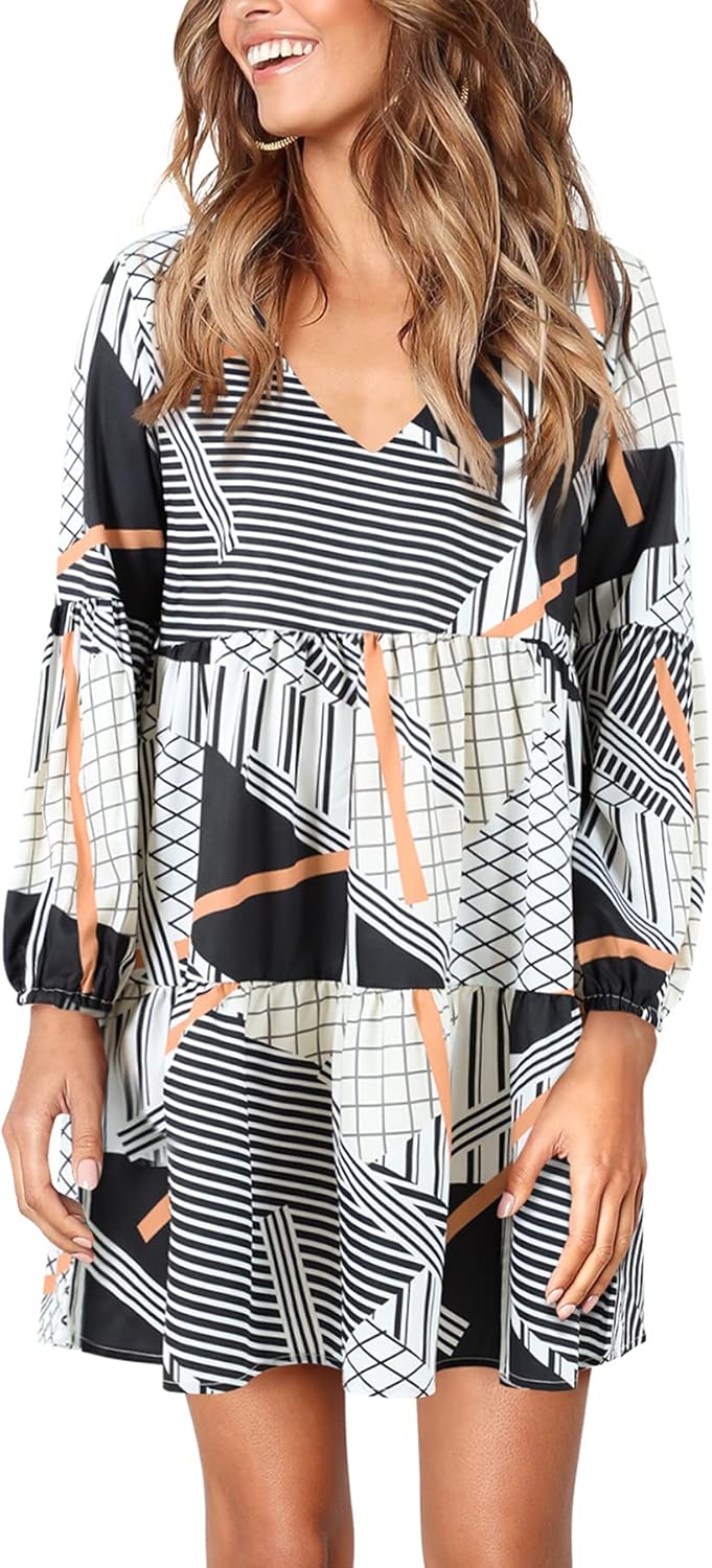 Amoretu Womens Tunic Dress Long Sleeve V Neck Casual Style